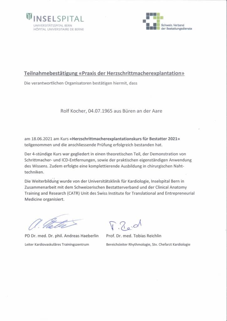 Zertifikat von Rolf Kocher